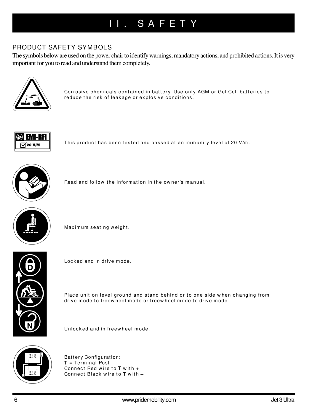 Pride Mobility JET 3 owner manual S a F E T Y, Product Safety Symbols 