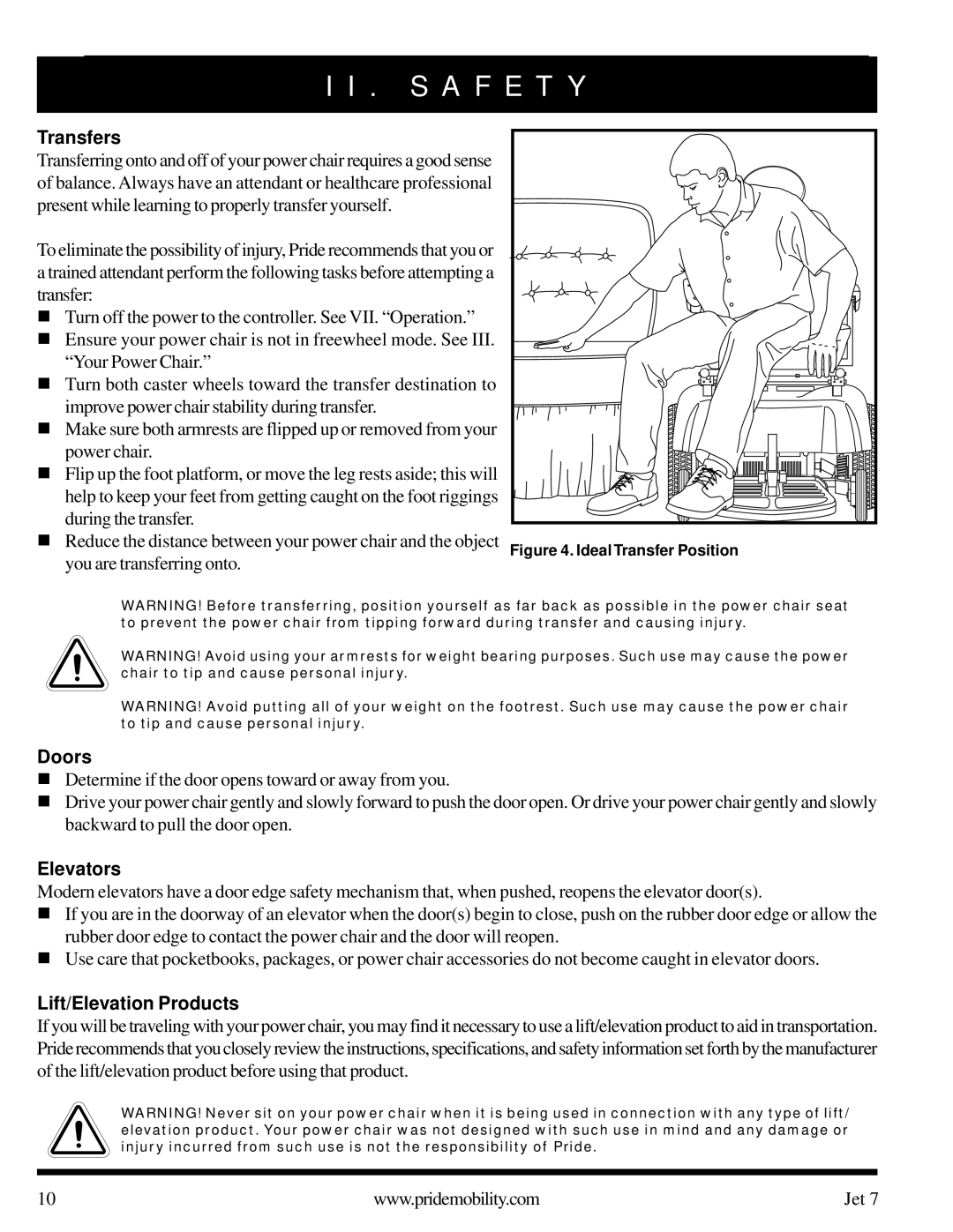 Pride Mobility Jet 7 owner manual Transfers, Doors, Elevators, Lift/Elevation Products 