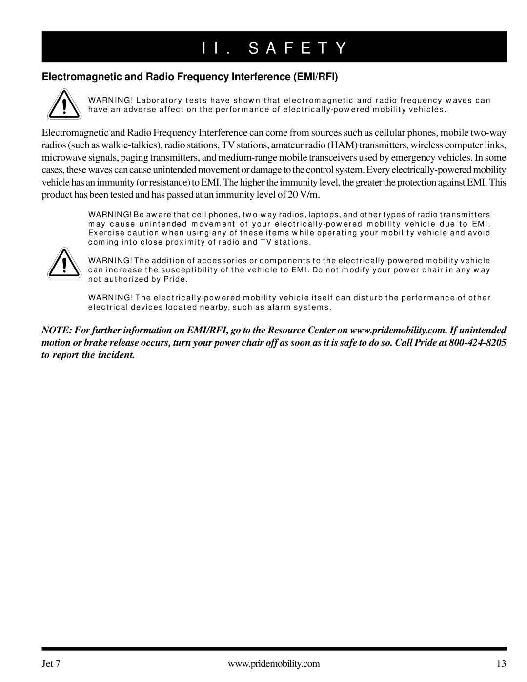 Pride Mobility Jet 7 owner manual Electromagnetic and Radio Frequency Interference EMI/RFI 