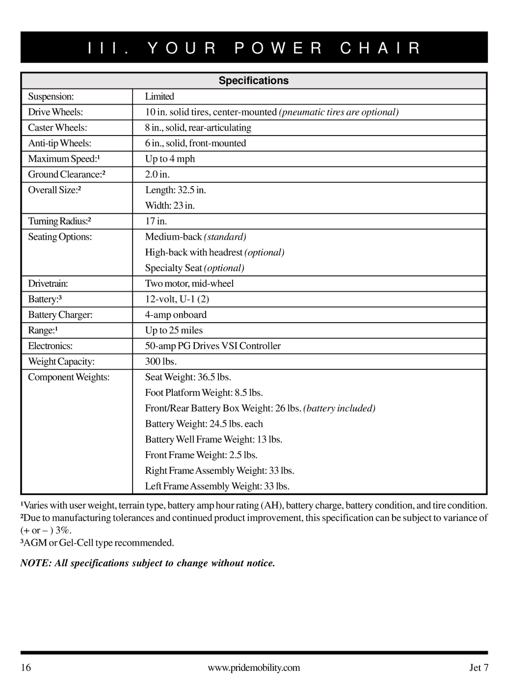 Pride Mobility Jet 7 owner manual Specifications 