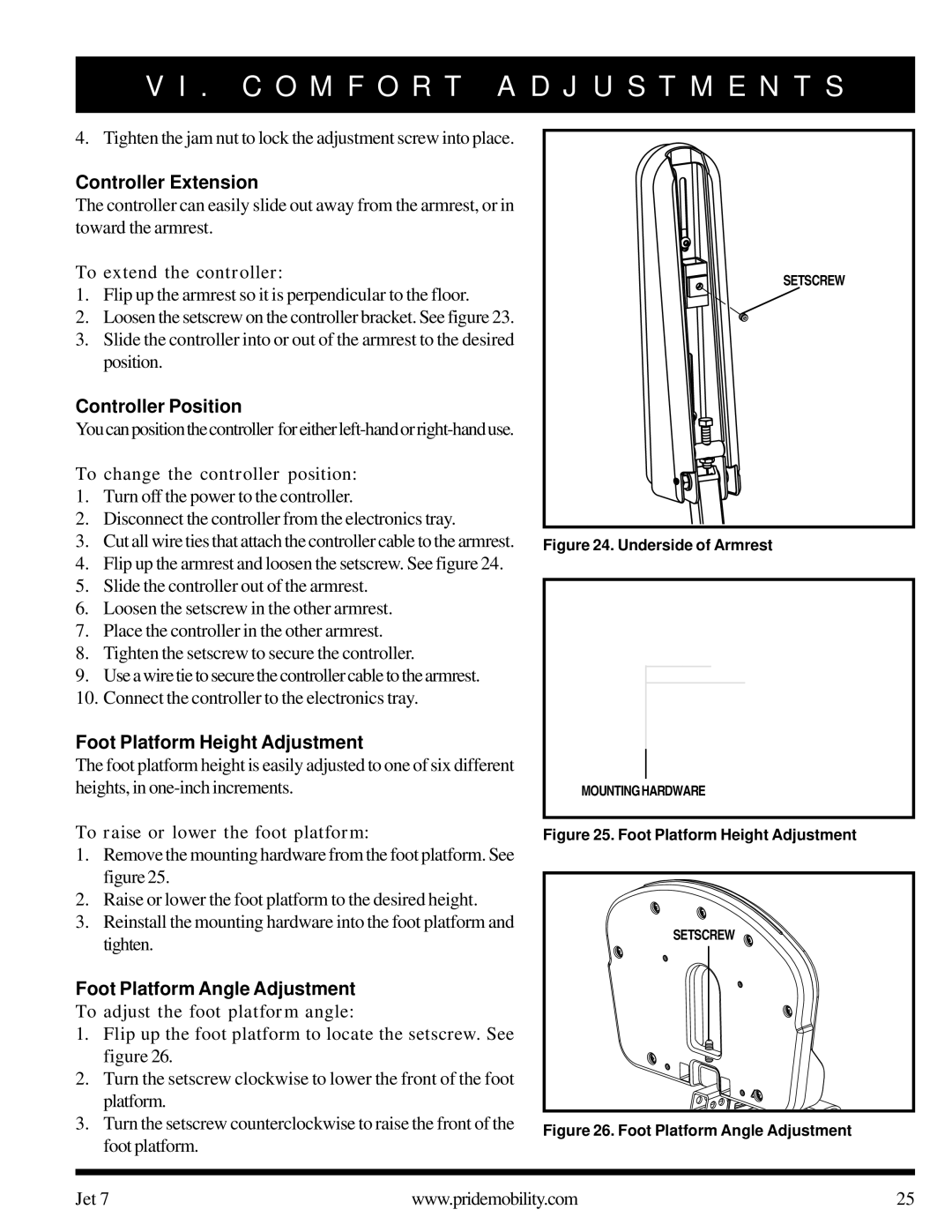 Pride Mobility Jet 7 owner manual Controller Extension, Controller Position, Foot Platform Height Adjustment 