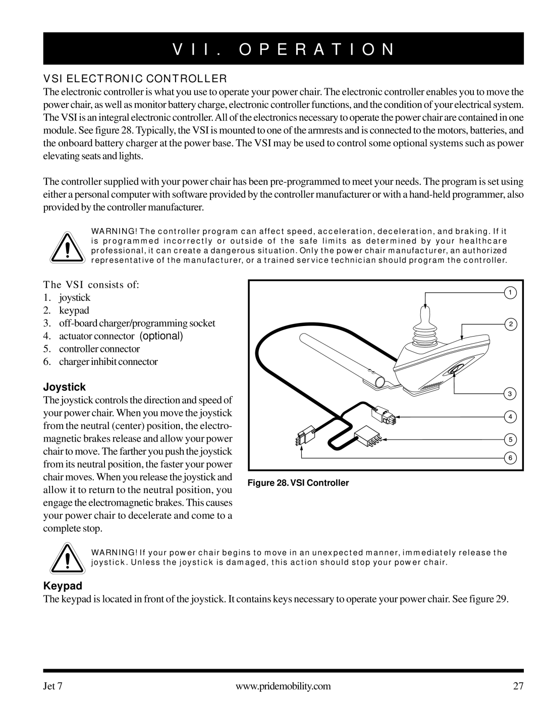 Pride Mobility Jet 7 owner manual I . O P E R a T I O N, VSI Electronic Controller, VSI consists, Joystick, Keypad 