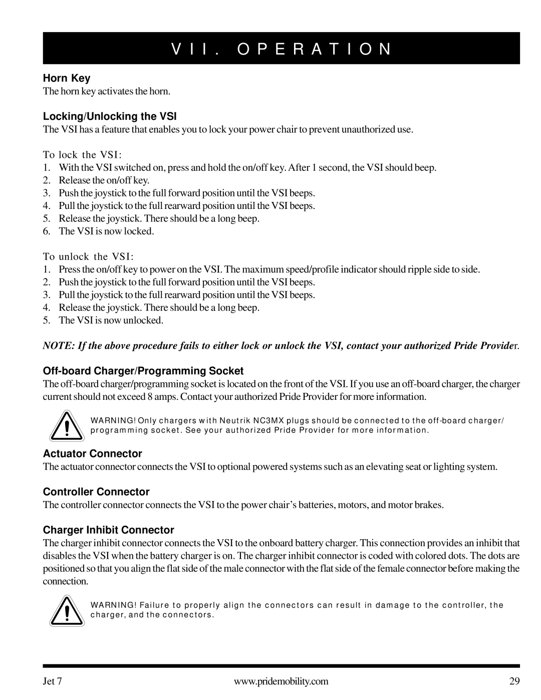 Pride Mobility Jet 7 Horn Key, Locking/Unlocking the VSI, Off-board Charger/Programming Socket, Actuator Connector 