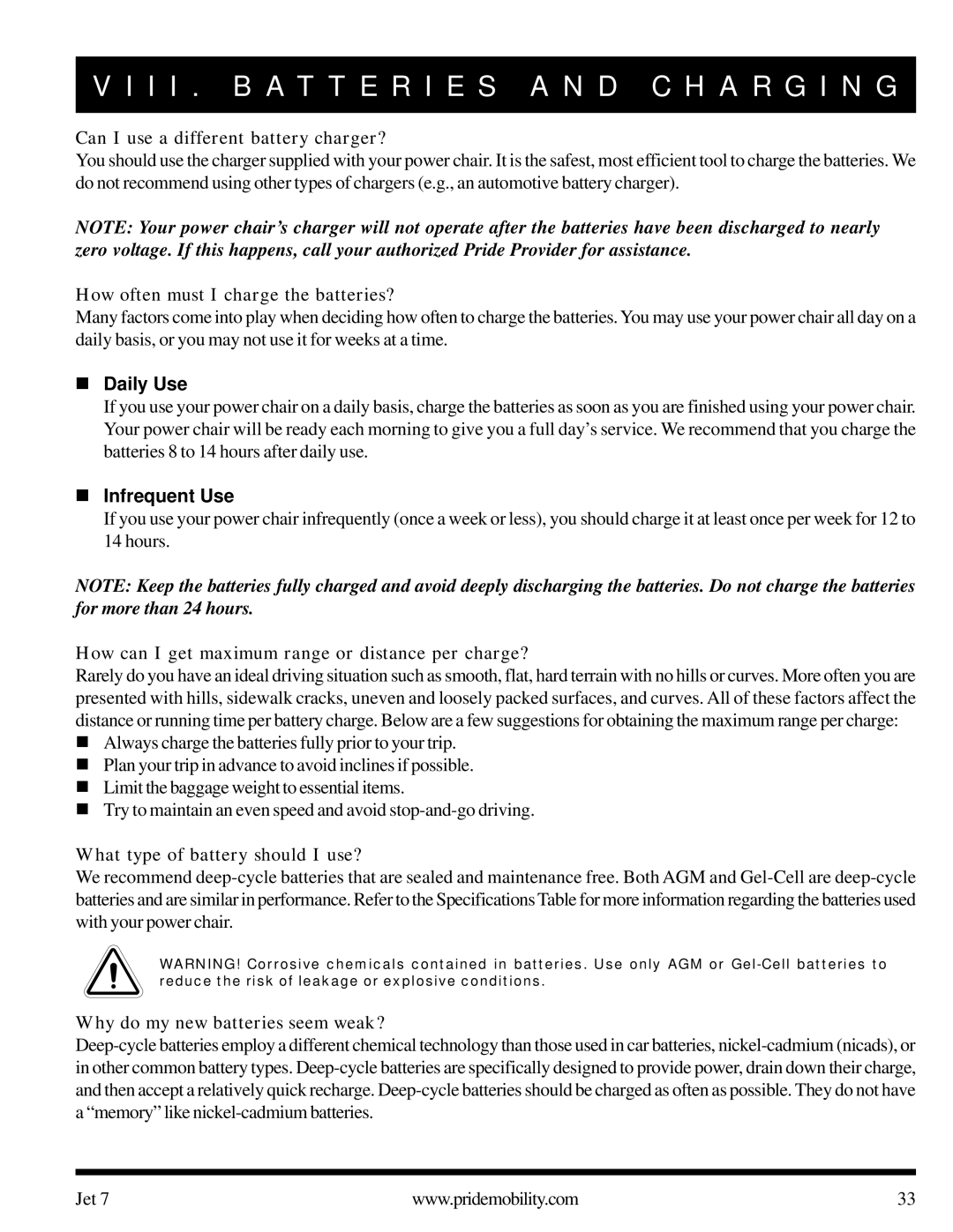 Pride Mobility Jet 7 owner manual Daily Use, Infrequent Use 