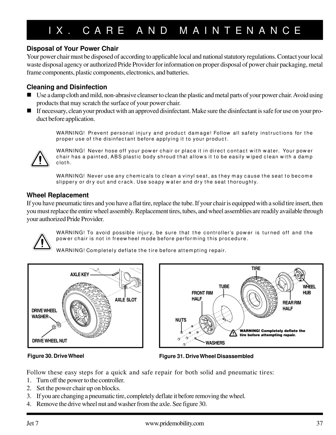 Pride Mobility Jet 7 owner manual Disposal of Your Power Chair, Cleaning and Disinfection, Wheel Replacement 