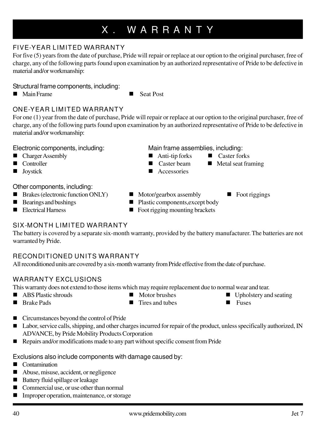 Pride Mobility Jet 7 owner manual A R R a N T Y 