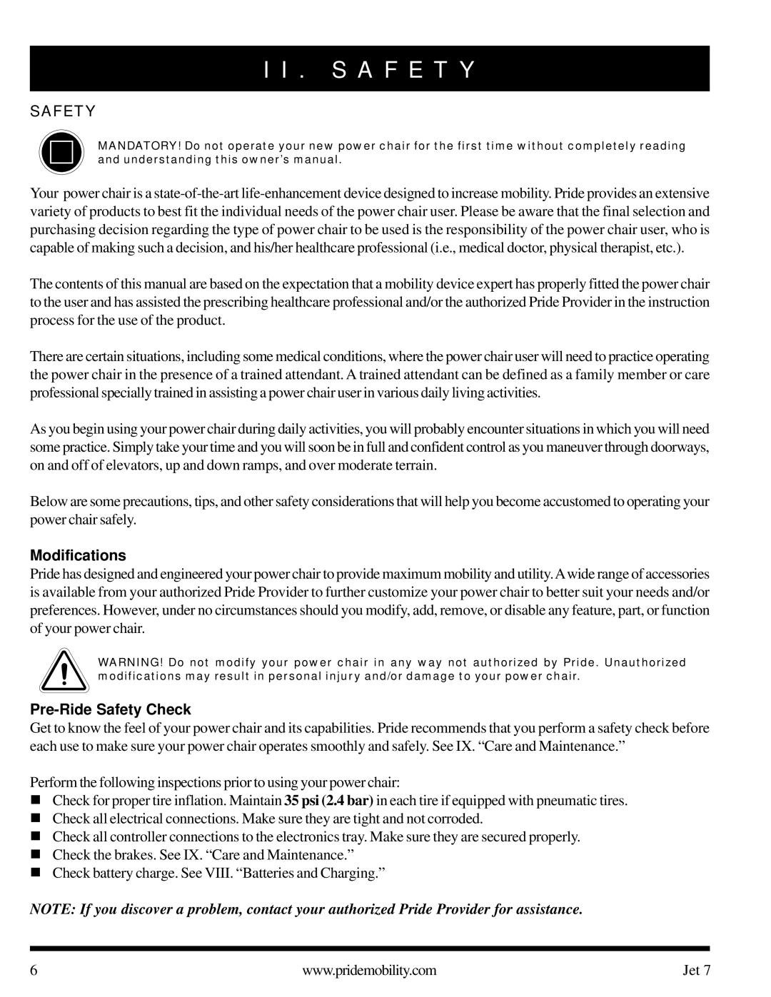 Pride Mobility Jet 7 owner manual S a F E T Y, Modifications, Pre-Ride Safety Check 