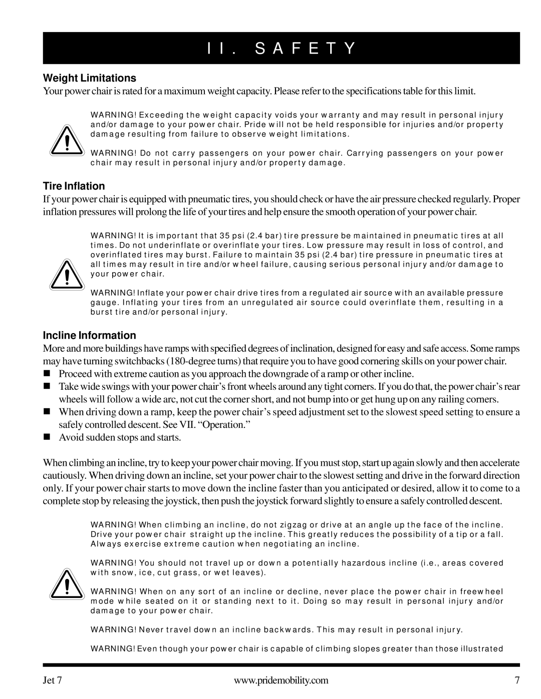 Pride Mobility Jet 7 owner manual Weight Limitations, Tire Inflation, Incline Information 