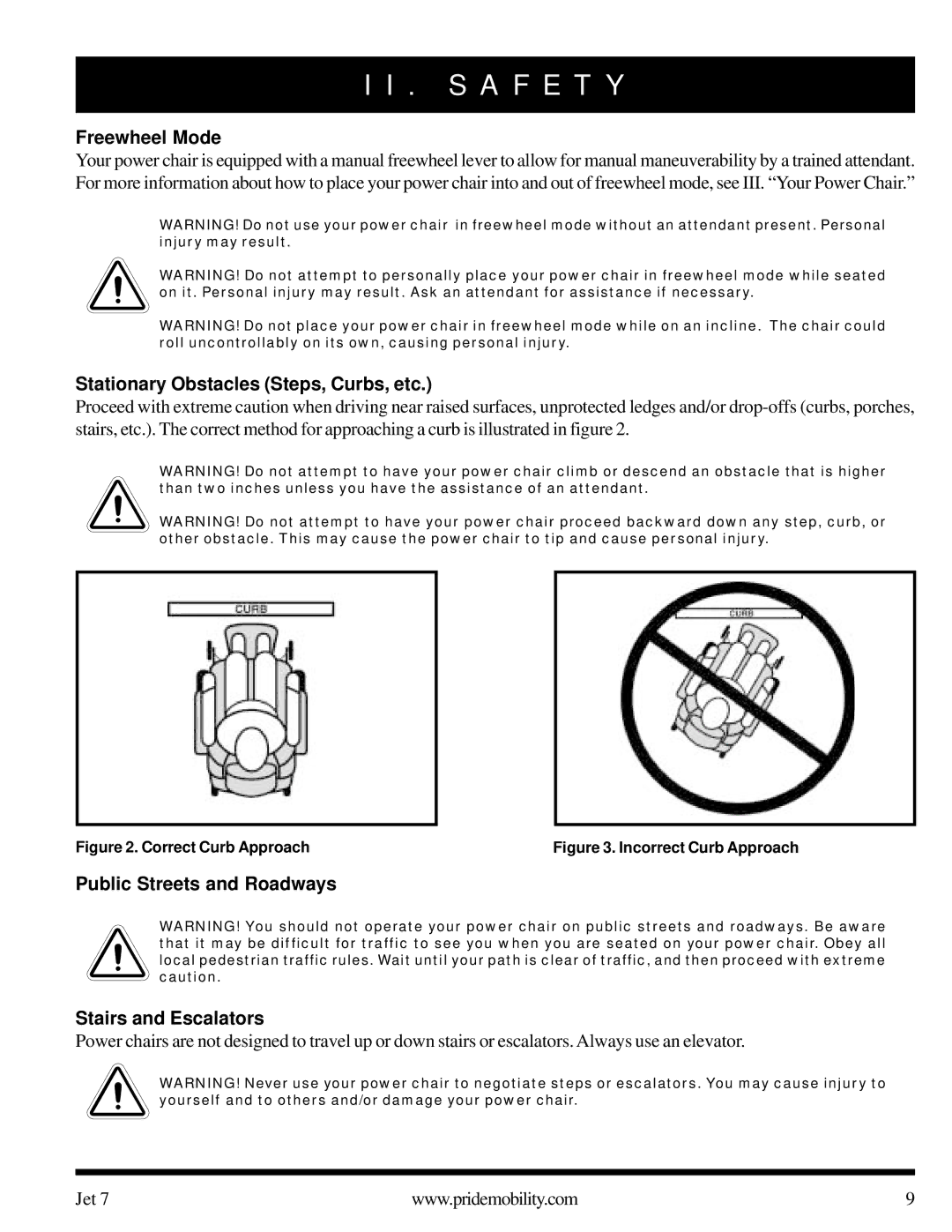 Pride Mobility Jet 7 owner manual Freewheel Mode, Stationary Obstacles Steps, Curbs, etc 