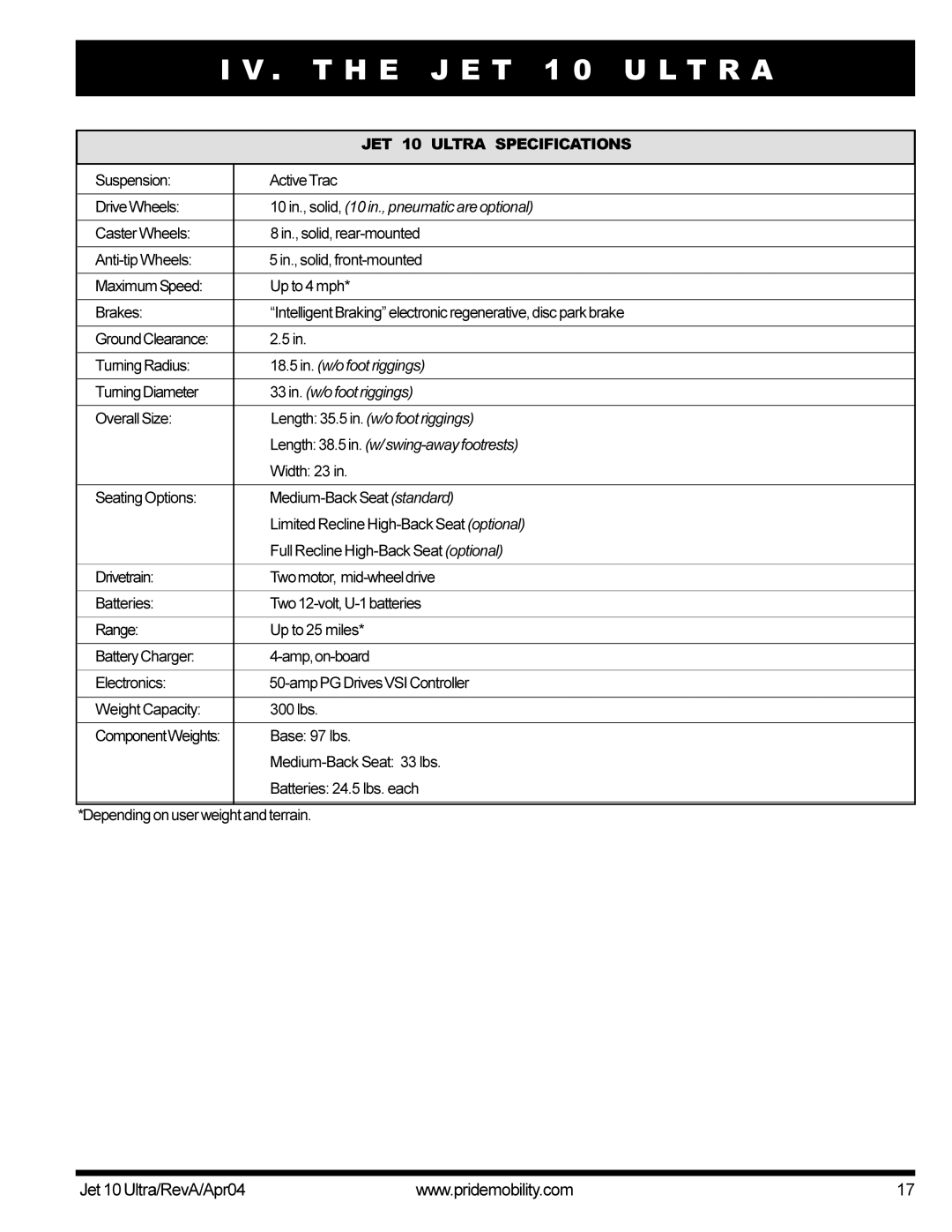 Pride Mobility Jet10Ultra manual JET 10 Ultra Specifications 