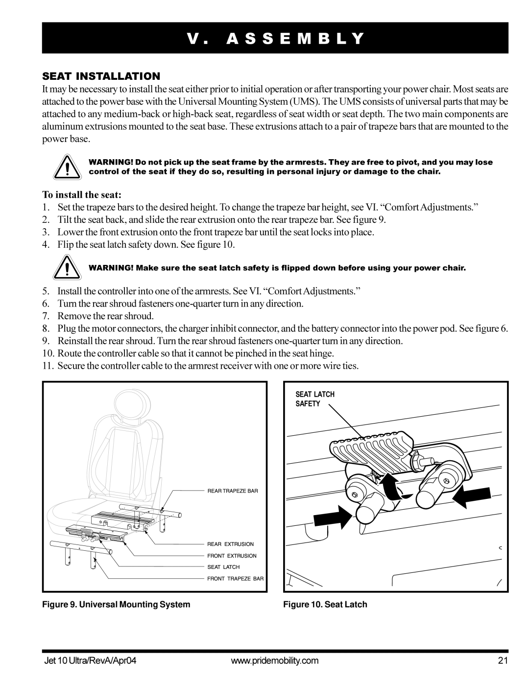 Pride Mobility Jet10Ultra manual S S E M B L Y, Seat Installation, To install the seat 