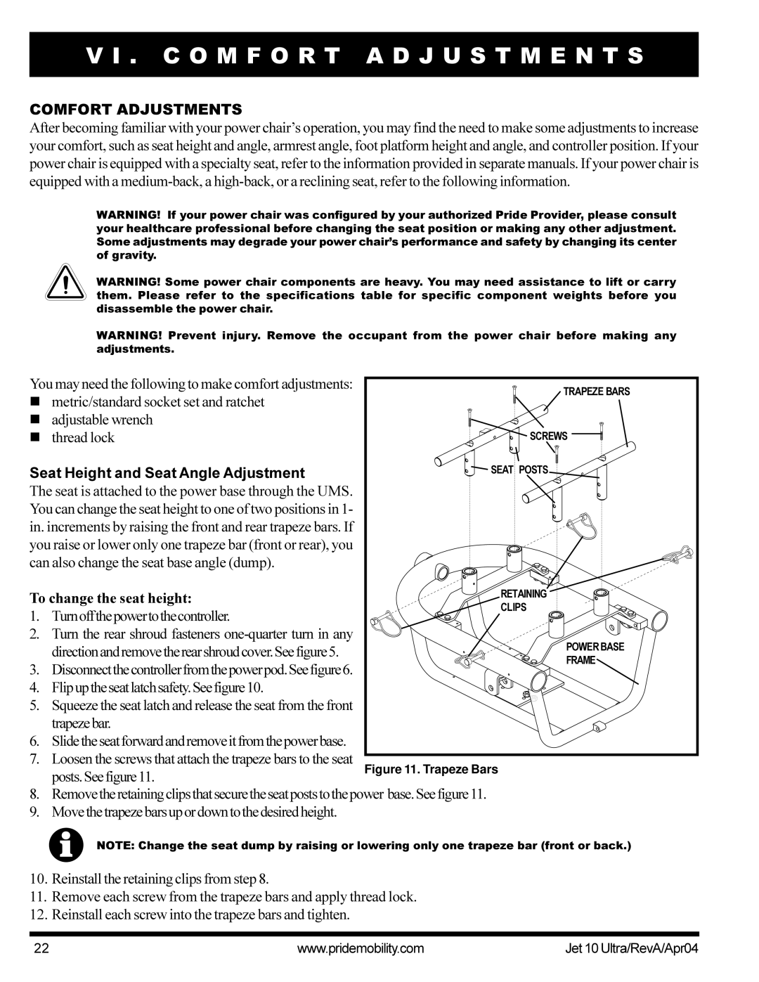 Pride Mobility Jet10Ultra C O M F O R T a D J U S T M E N T S, Comfort Adjustments, Seat Height and Seat Angle Adjustment 
