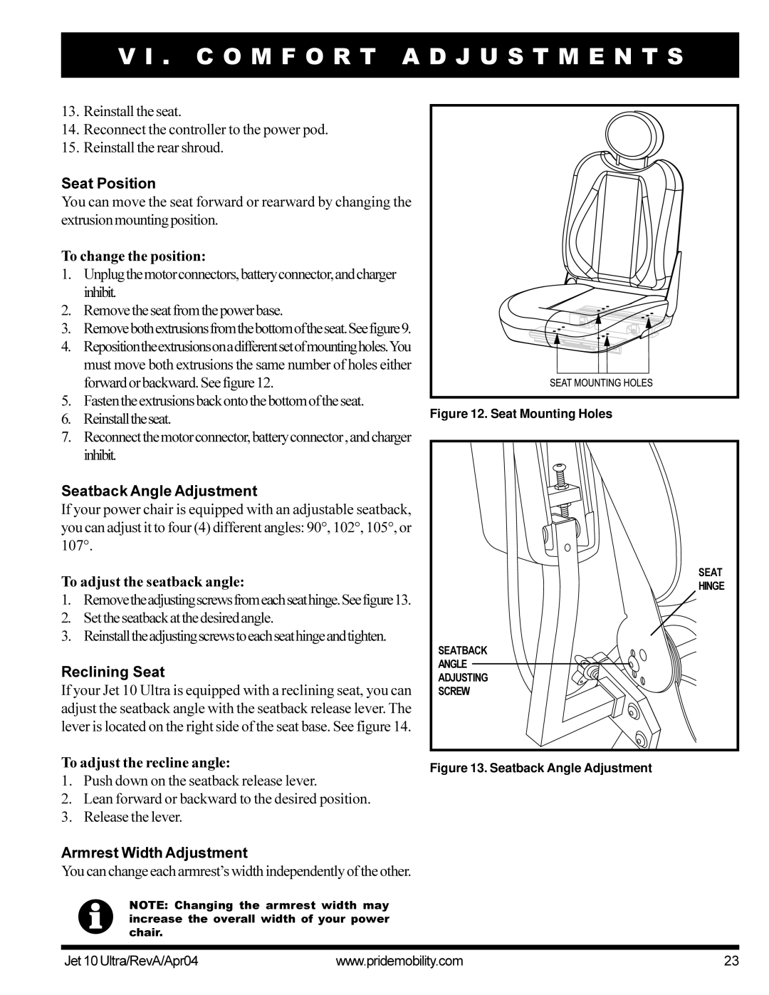 Pride Mobility Jet10Ultra Seat Position, To change the position, Seatback Angle Adjustment, To adjust the seatback angle 