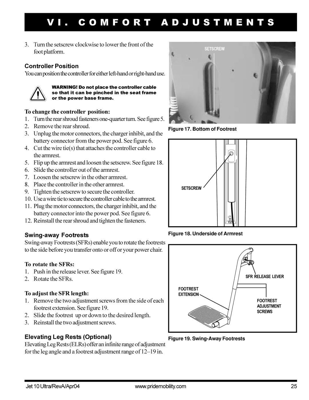 Pride Mobility Jet10Ultra Controller Position, To change the controller position, Swing-away Footrests, To rotate the SFRs 