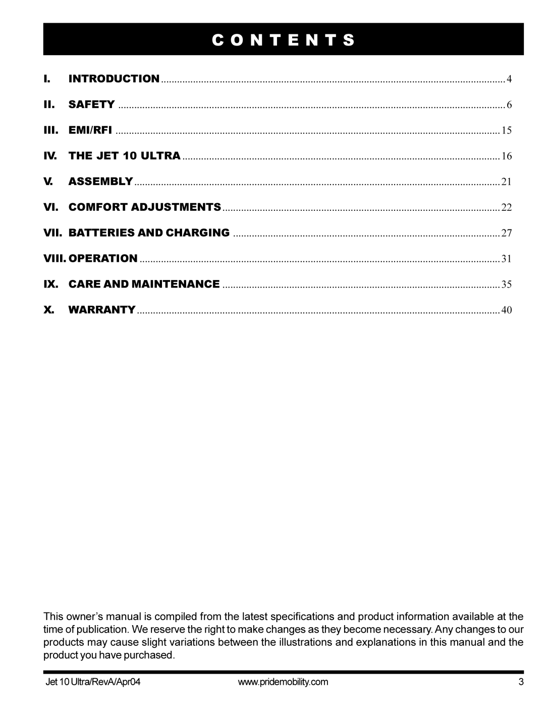 Pride Mobility Jet10Ultra manual N T E N T S 