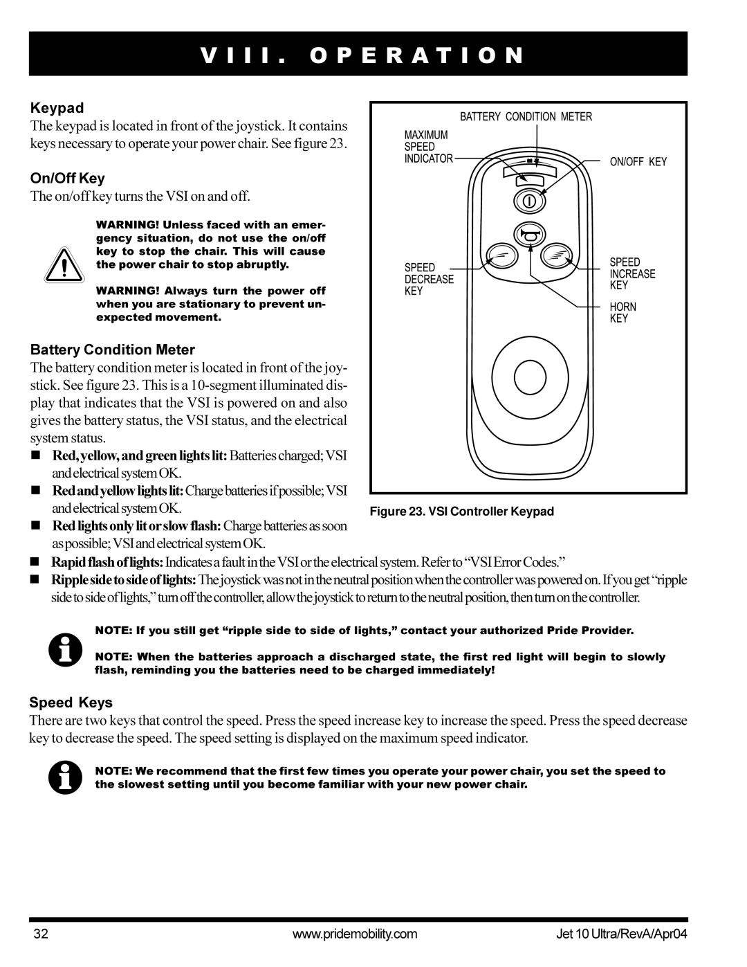 Pride Mobility Jet10Ultra manual Keypad, On/Off Key, Battery Condition Meter, AndelectricalsystemOK, Speed Keys 