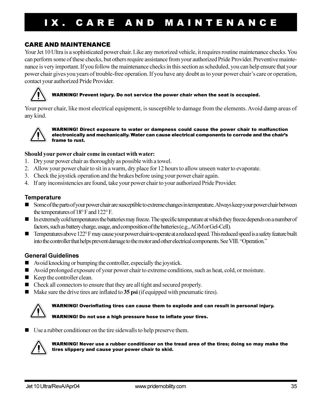 Pride Mobility Jet10Ultra manual C a R E a N D M a I N T E N a N C E, Care and Maintenance, Temperature, General Guidelines 