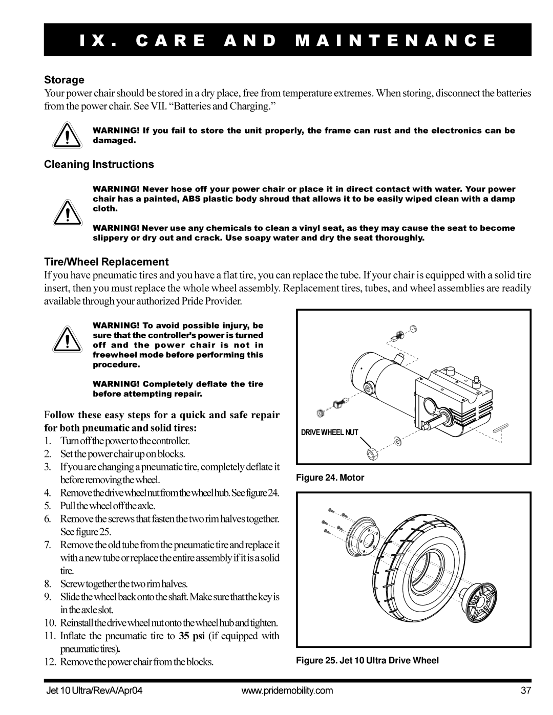 Pride Mobility Jet10Ultra manual Storage, Cleaning Instructions Tire/Wheel Replacement 