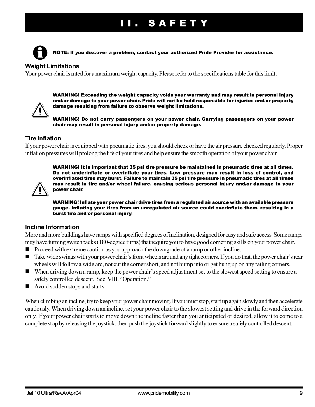 Pride Mobility Jet10Ultra manual Weight Limitations, Tire Inflation, Incline Information 