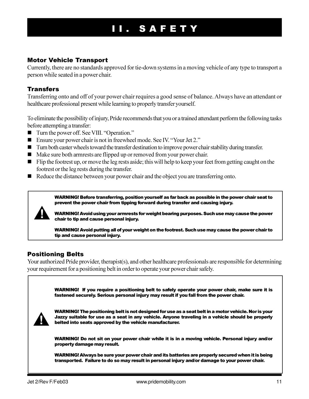 Pride Mobility JET2 owner manual Motor Vehicle Transport, Transfers, Positioning Belts 