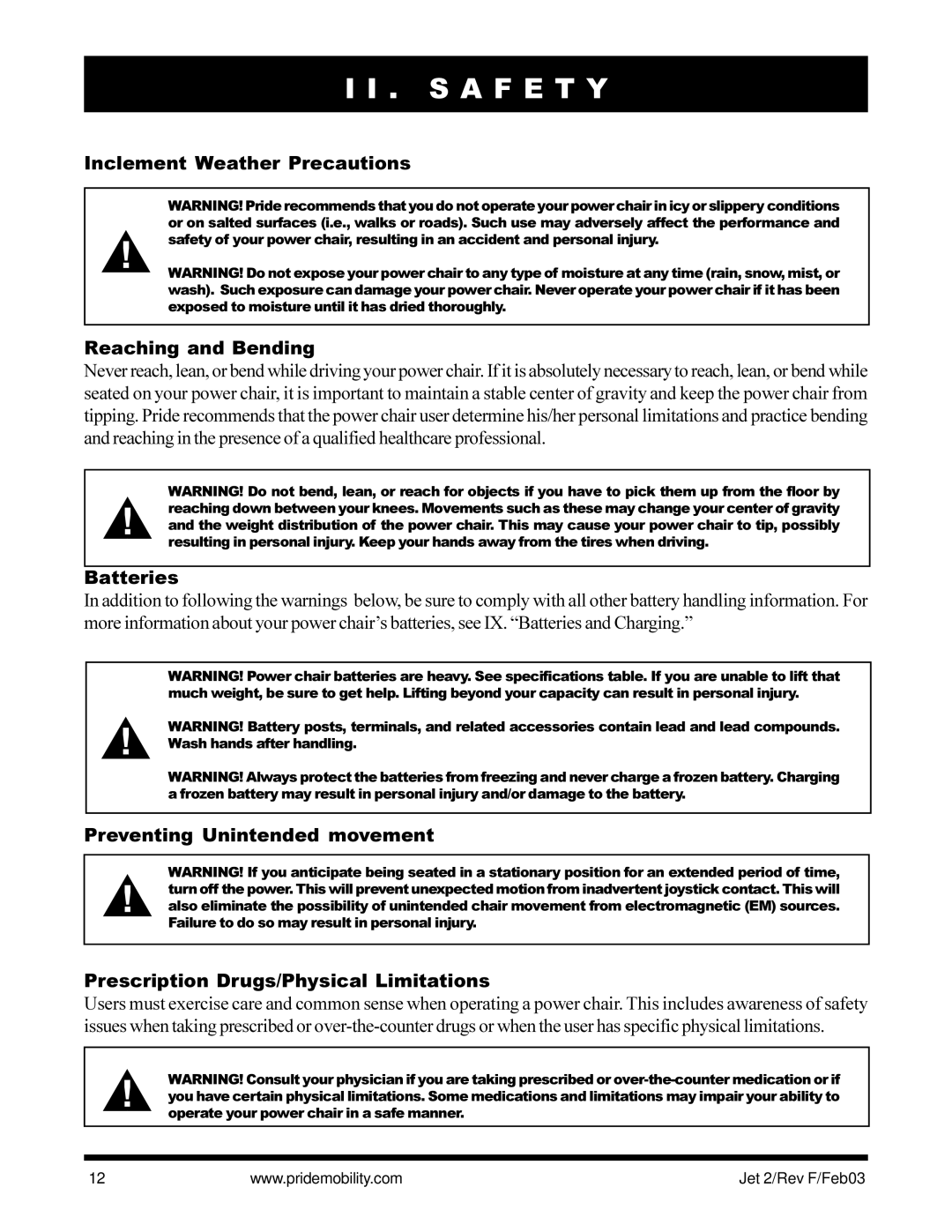 Pride Mobility JET2 owner manual Inclement Weather Precautions Reaching and Bending, Batteries 