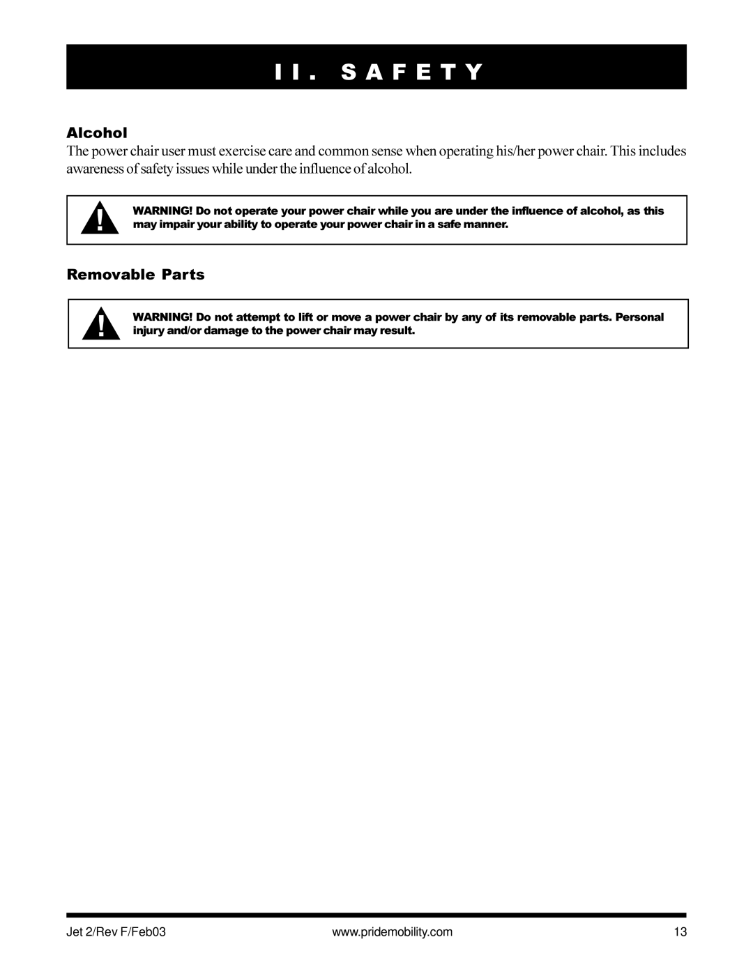 Pride Mobility JET2 owner manual Alcohol, Removable Parts 