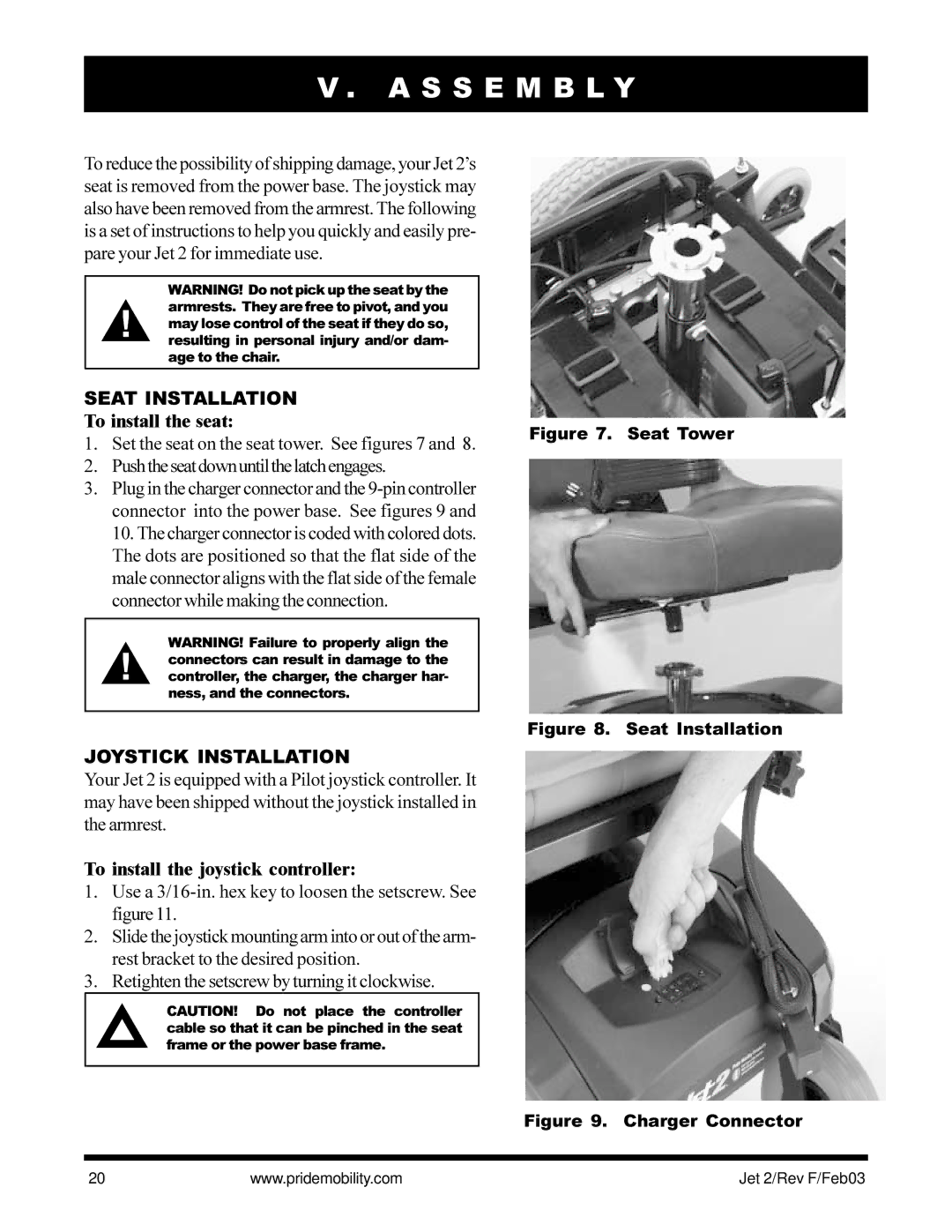 Pride Mobility JET2 owner manual S S E M B L Y, Seat Installation, To install the seat, Joystick Installation 