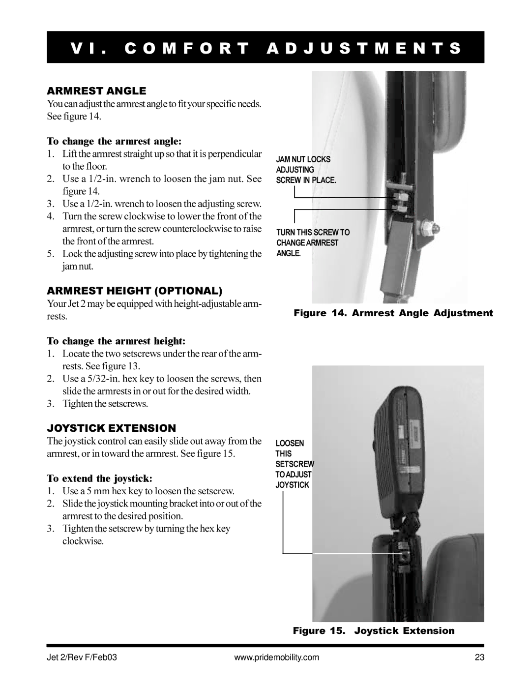 Pride Mobility JET2 owner manual Armrest Angle, Armrest Height Optional, Joystick Extension 