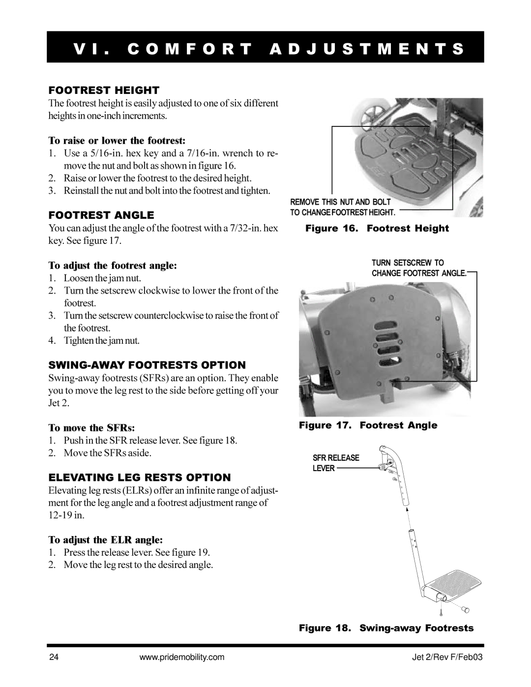 Pride Mobility JET2 owner manual Footrest Height, Footrest Angle, Elevating LEG Rests Option 