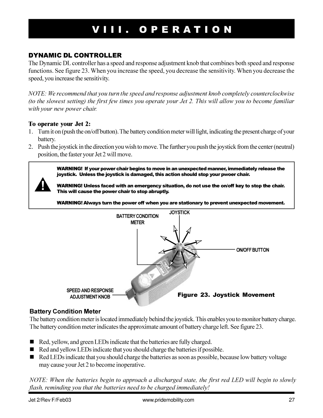 Pride Mobility JET2 I I . O P E R a T I O N, Dynamic DL Controller, To operate your Jet, Battery Condition Meter 