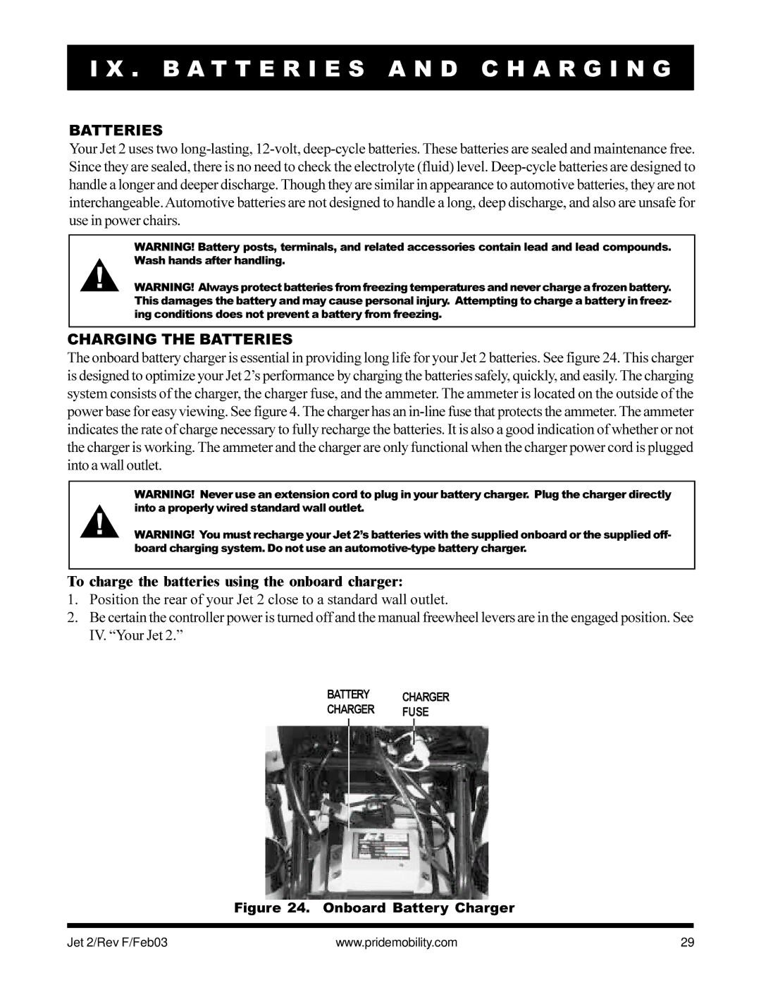 Pride Mobility JET2 owner manual B a T T E R I E S a N D C H a R G I N G, Charging the Batteries 