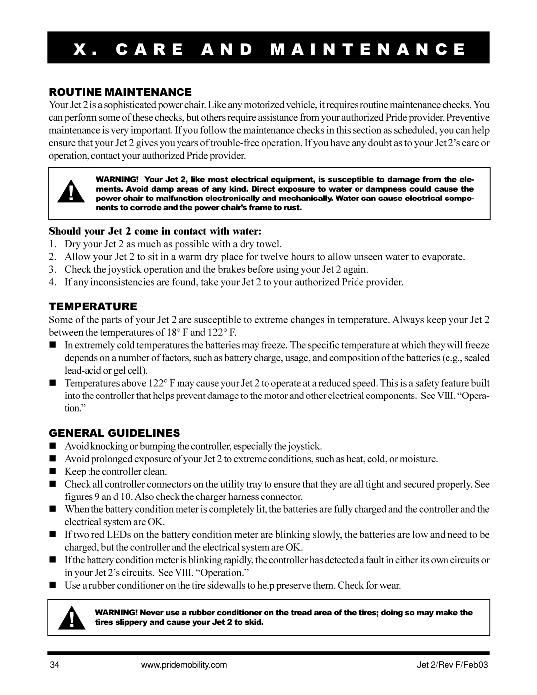 Pride Mobility JET2 A R E a N D M a I N T E N a N C E, Routine Maintenance, Should your Jet 2 come in contact with water 