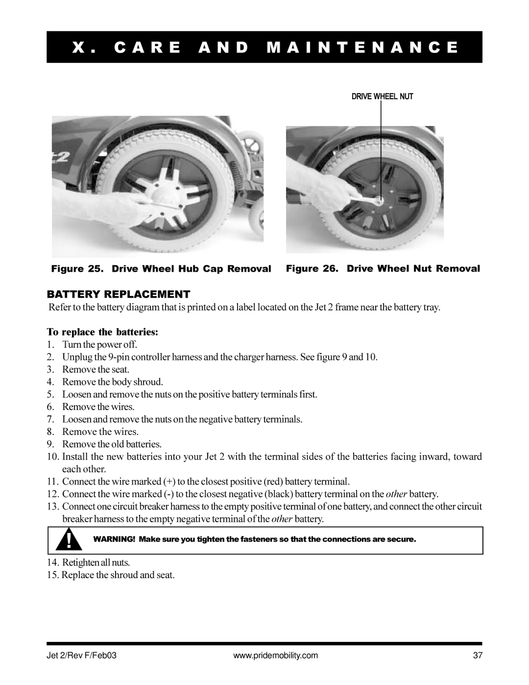 Pride Mobility JET2 owner manual Battery Replacement, To replace the batteries 