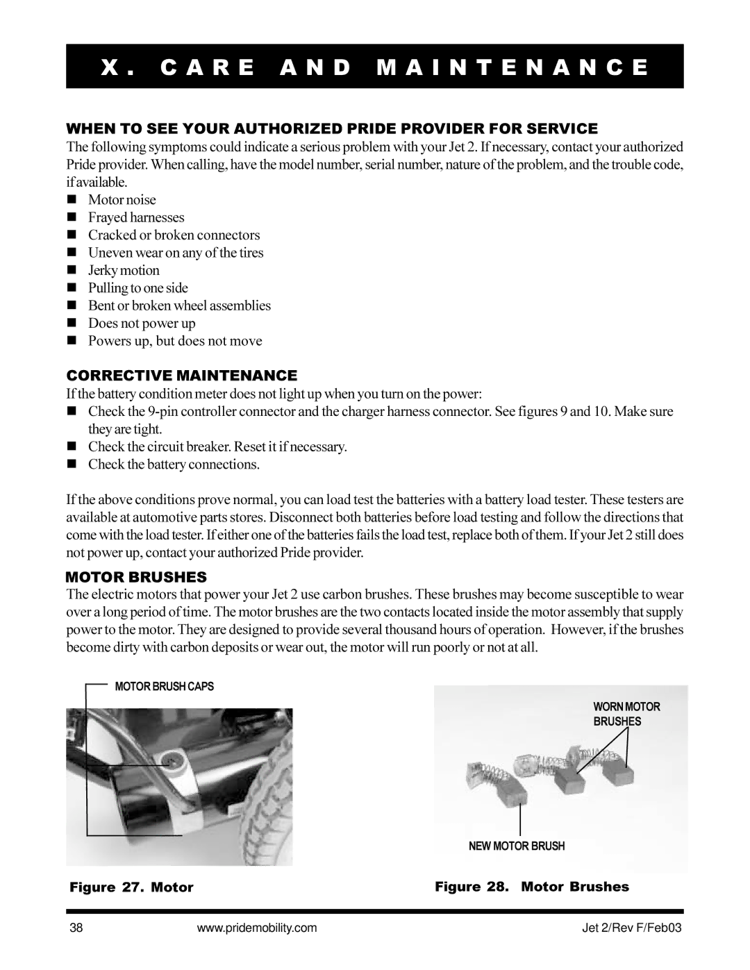 Pride Mobility JET2 When to see Your Authorized Pride Provider for Service, Corrective Maintenance, Motor Brushes 