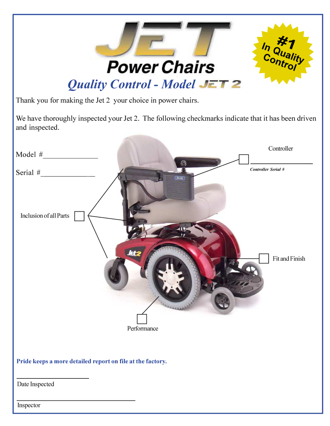 Pride Mobility JET2 owner manual Quality Control Model 