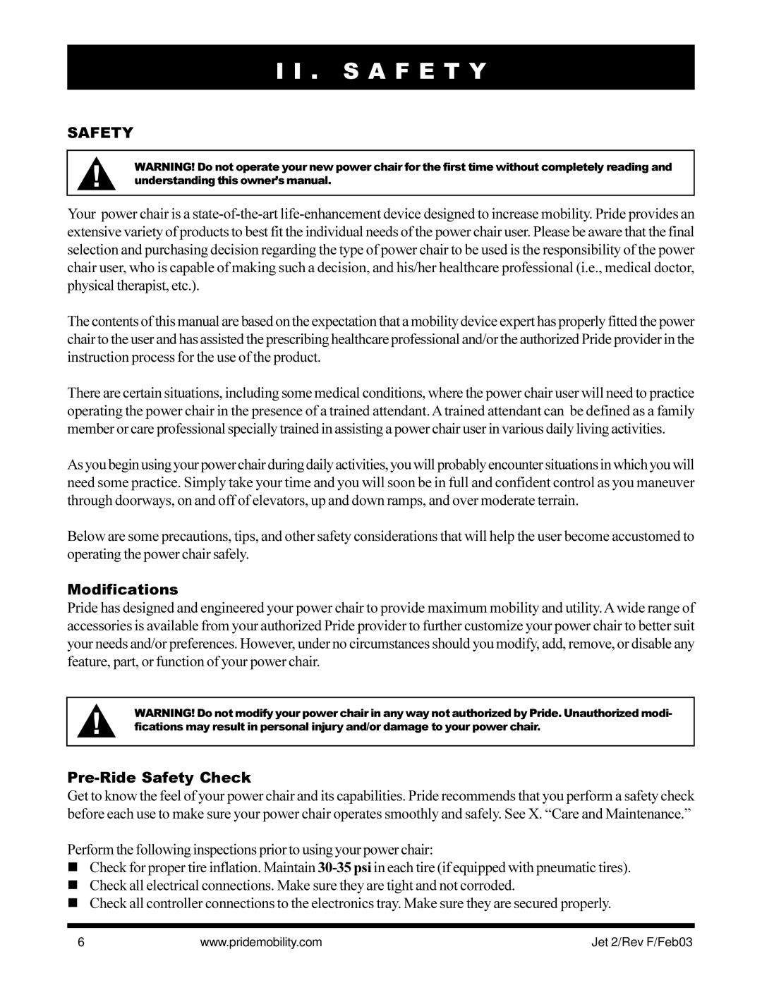 Pride Mobility JET2 owner manual S a F E T Y, Modifications, Pre-Ride Safety Check 