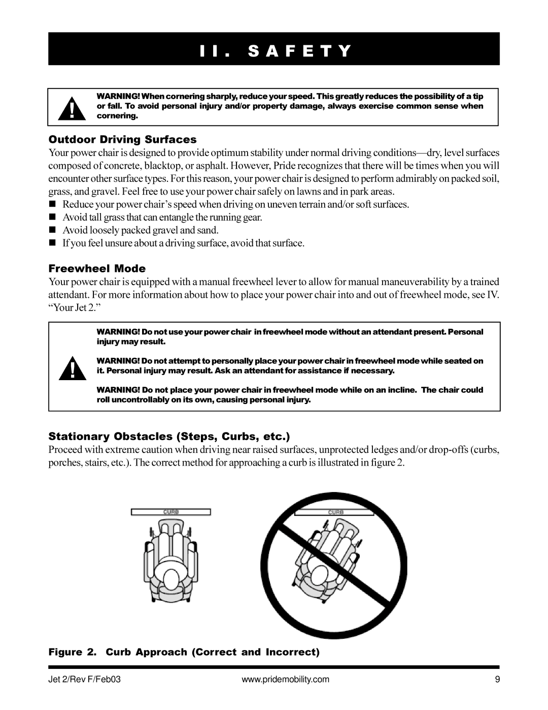Pride Mobility JET2 owner manual Outdoor Driving Surfaces, Freewheel Mode, Stationary Obstacles Steps, Curbs, etc 