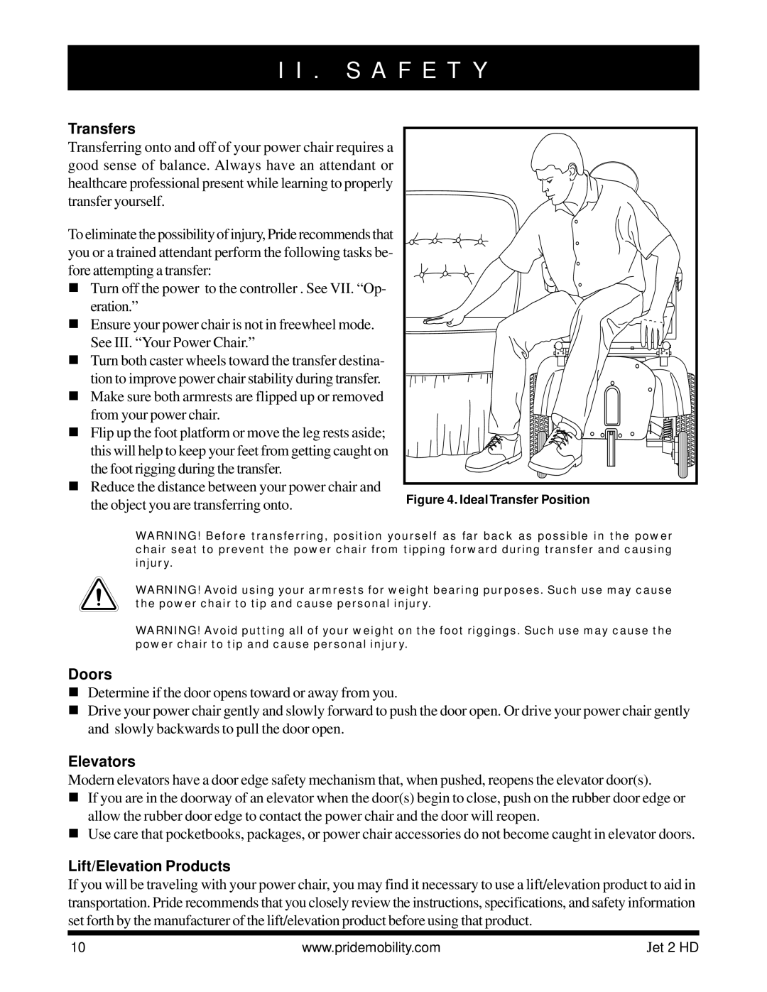 Pride Mobility Jet2HD owner manual Transfers, Object you are transferring onto, Doors, Elevators, Lift/Elevation Products 