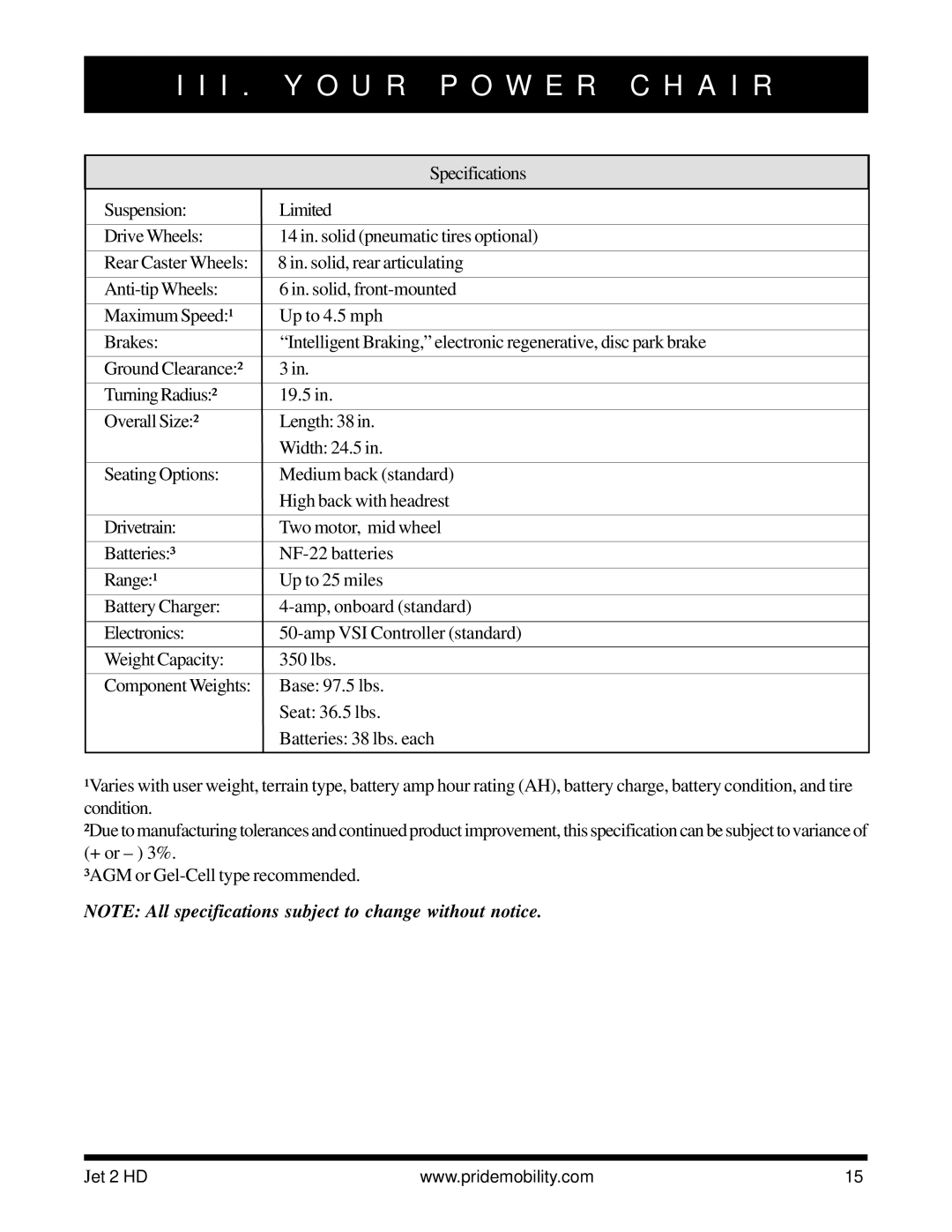 Pride Mobility Jet2HD owner manual Specifications 