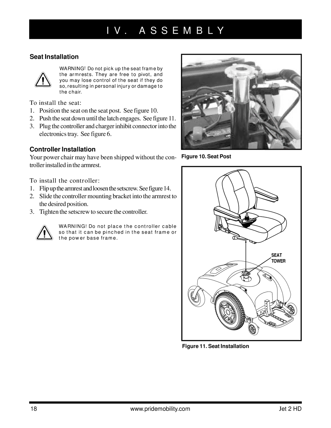 Pride Mobility Jet2HD owner manual A S S E M B L Y, Seat Installation, To install the seat, Controller Installation 