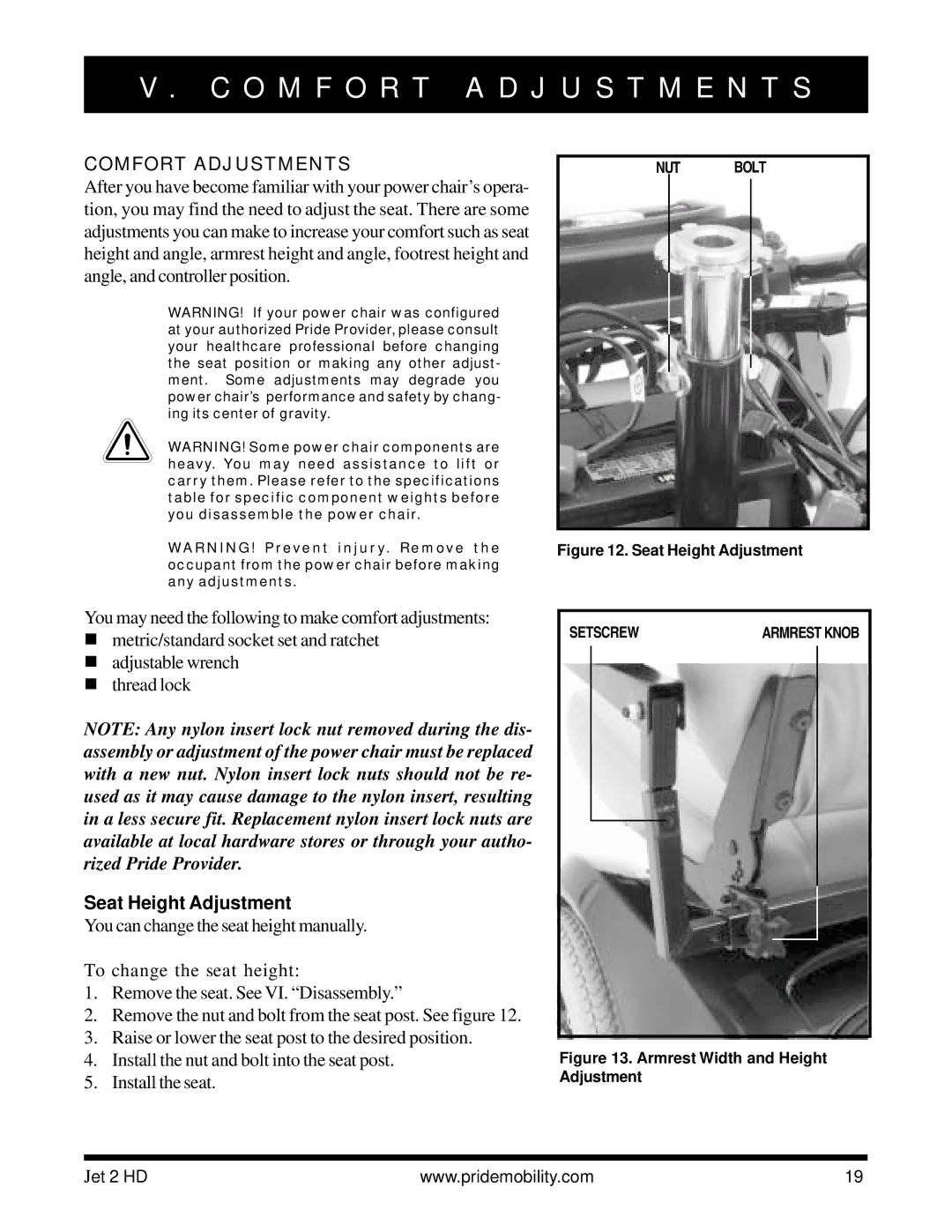 Pride Mobility Jet2HD owner manual O M F O R T a D J U S T M E N T S, Comfort Adjustments, Seat Height Adjustment 