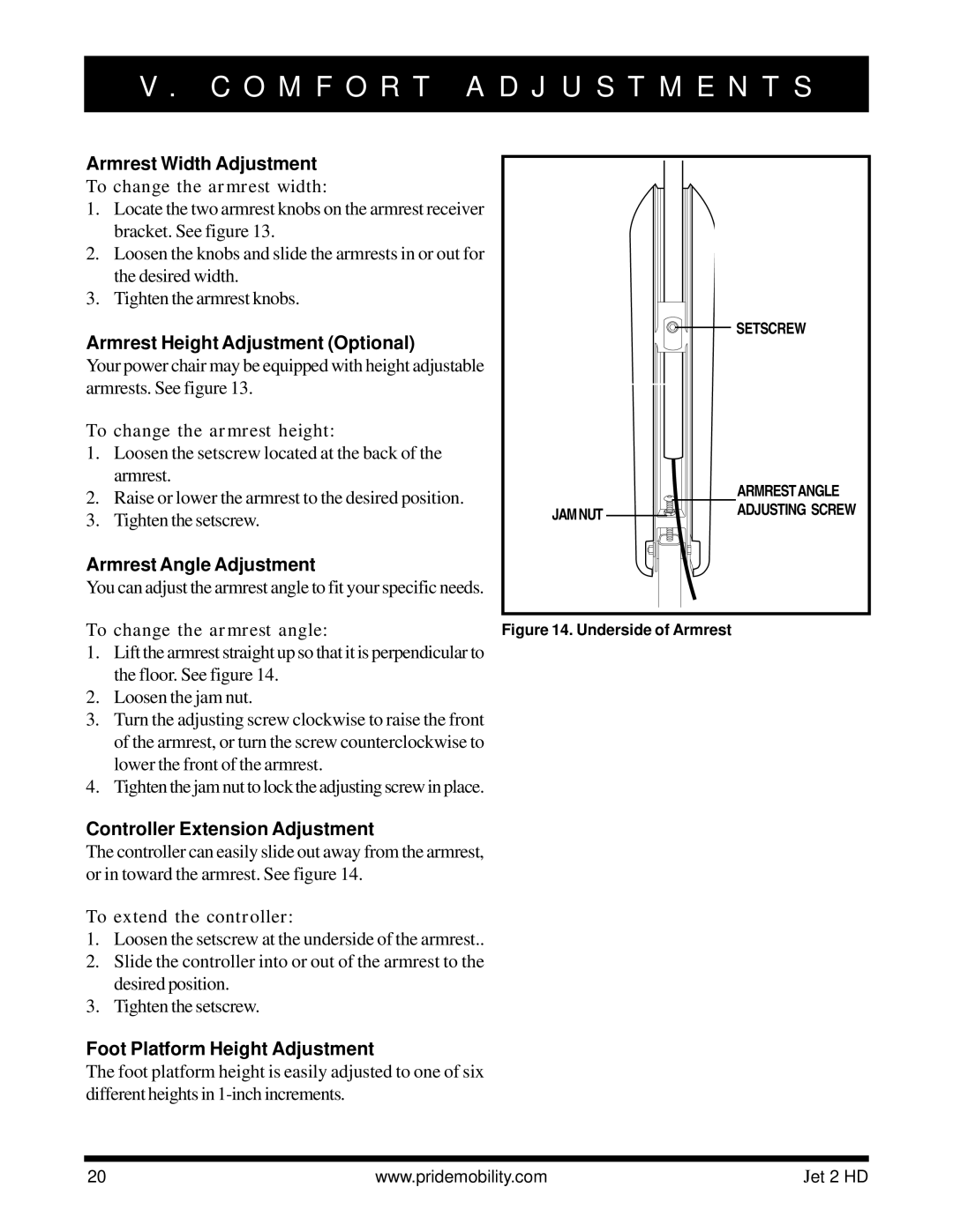 Pride Mobility Jet2HD owner manual Armrest Width Adjustment, Armrest Height Adjustment Optional, Armrest Angle Adjustment 