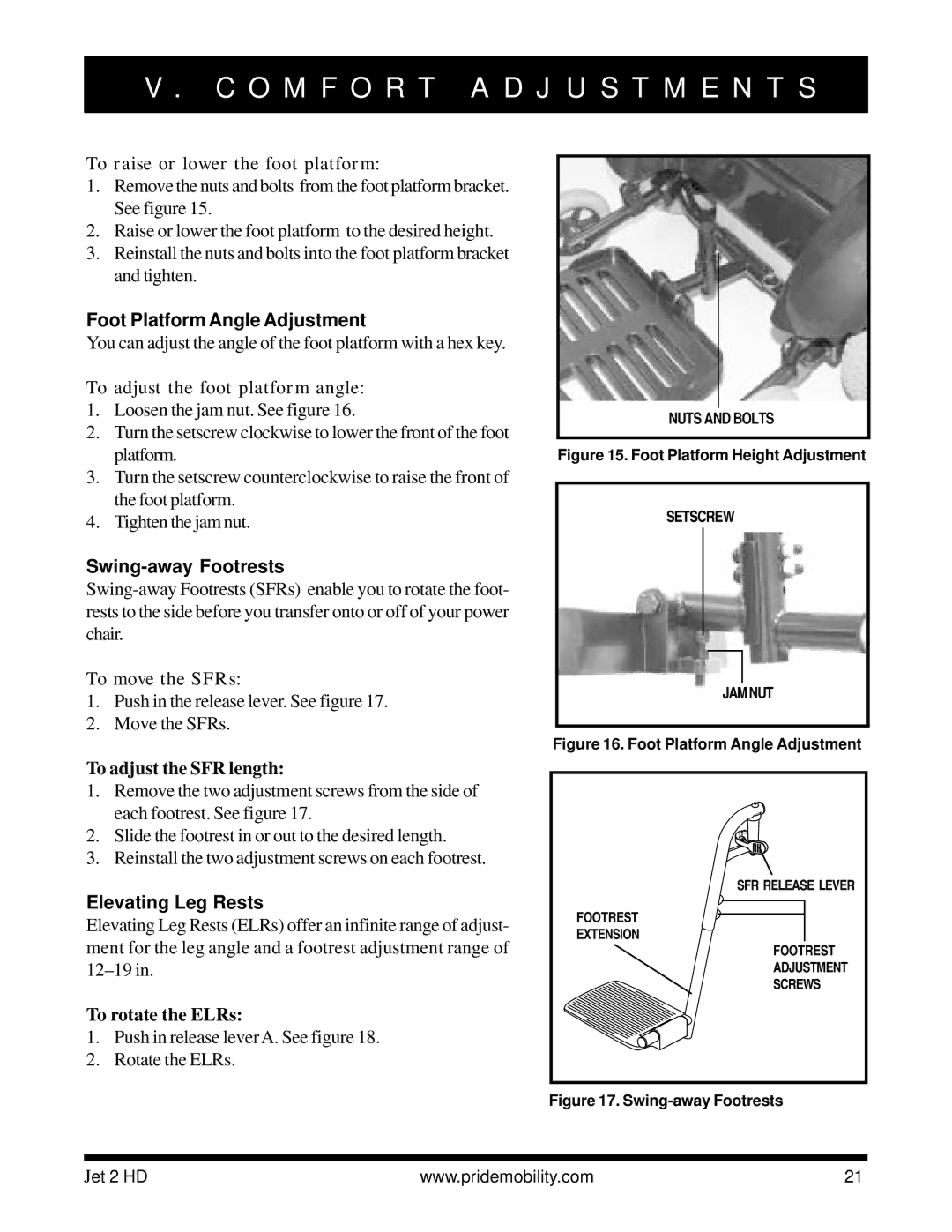 Pride Mobility Jet2HD owner manual Foot Platform Angle Adjustment, Swing-away Footrests, Elevating Leg Rests 