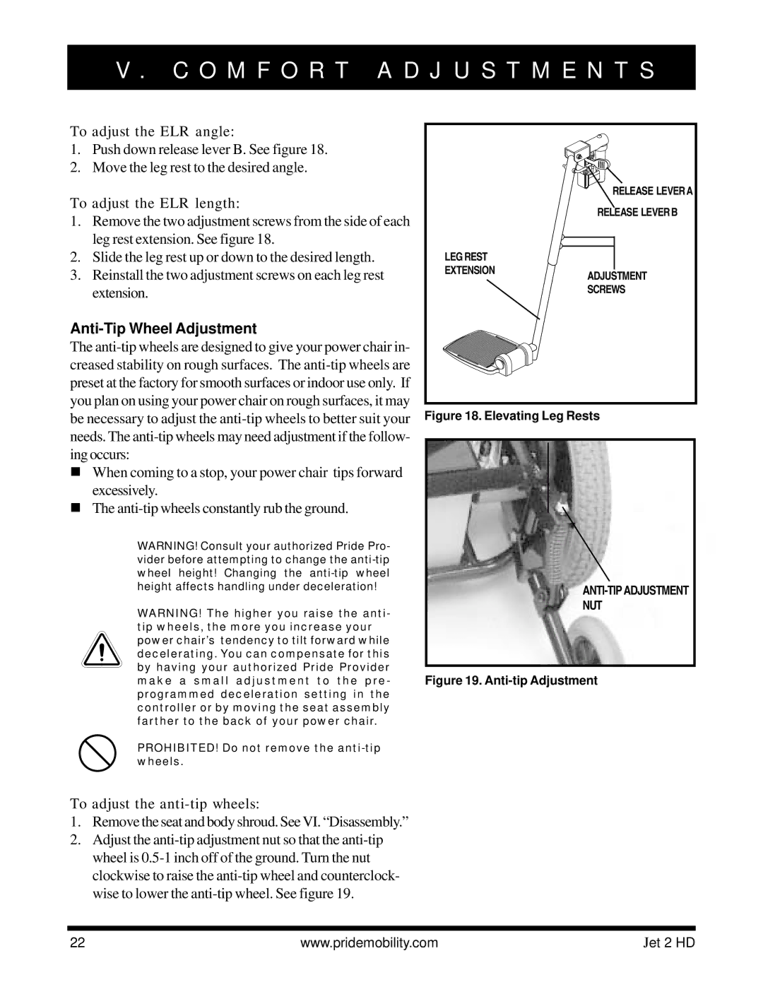 Pride Mobility Jet2HD owner manual To adjust the ELR angle, To adjust the ELR length, Anti-Tip Wheel Adjustment 