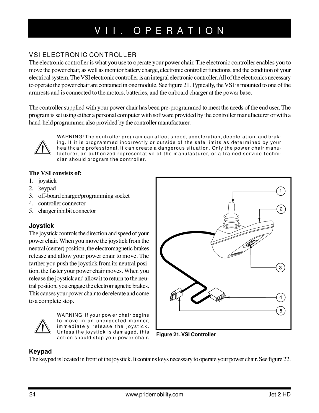 Pride Mobility Jet2HD owner manual I . O P E R a T I O N, VSI Electronic Controller, VSI consists, Joystick, Keypad 