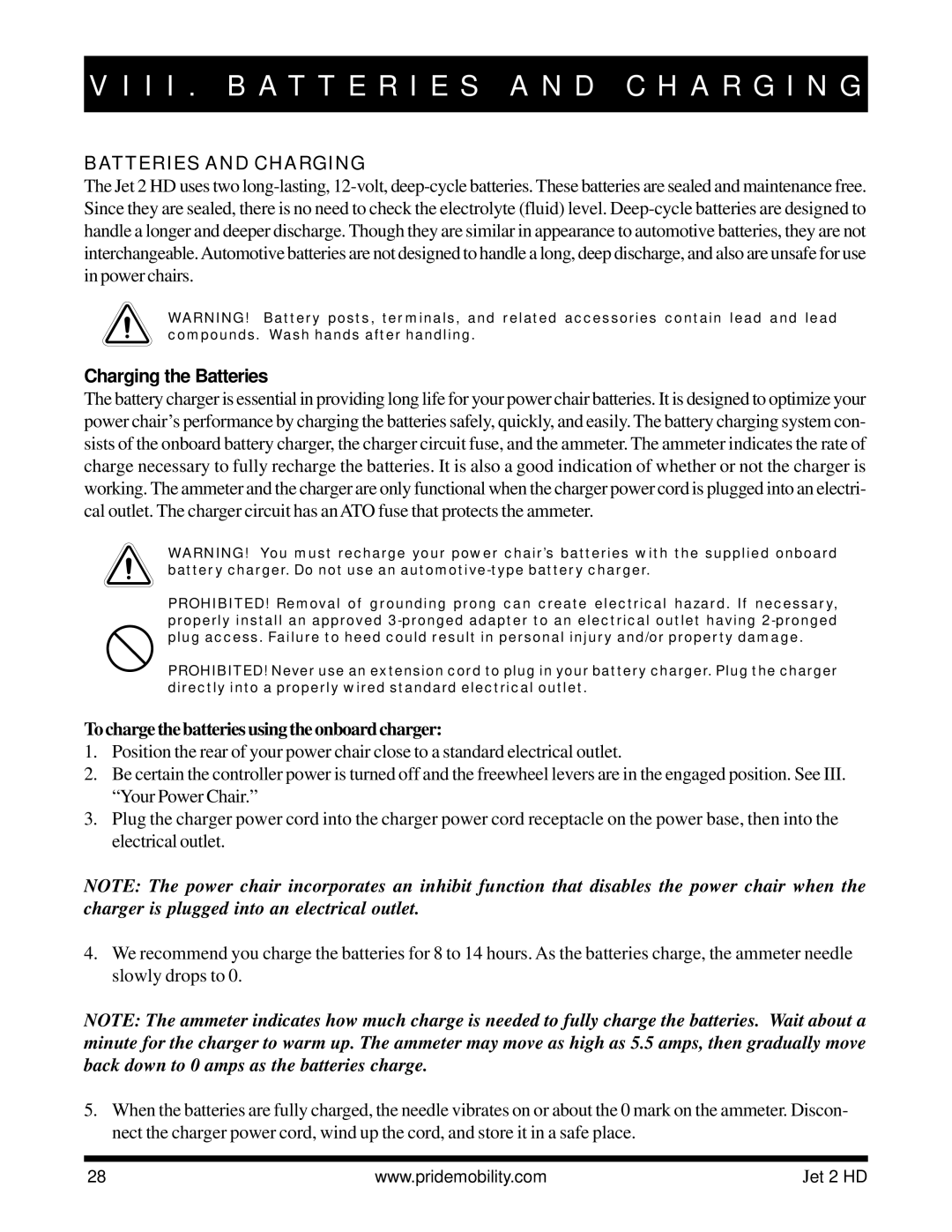 Pride Mobility Jet2HD I I . B a T T E R I E S a N D C H a R G I N G, Batteries and Charging, Charging the Batteries 