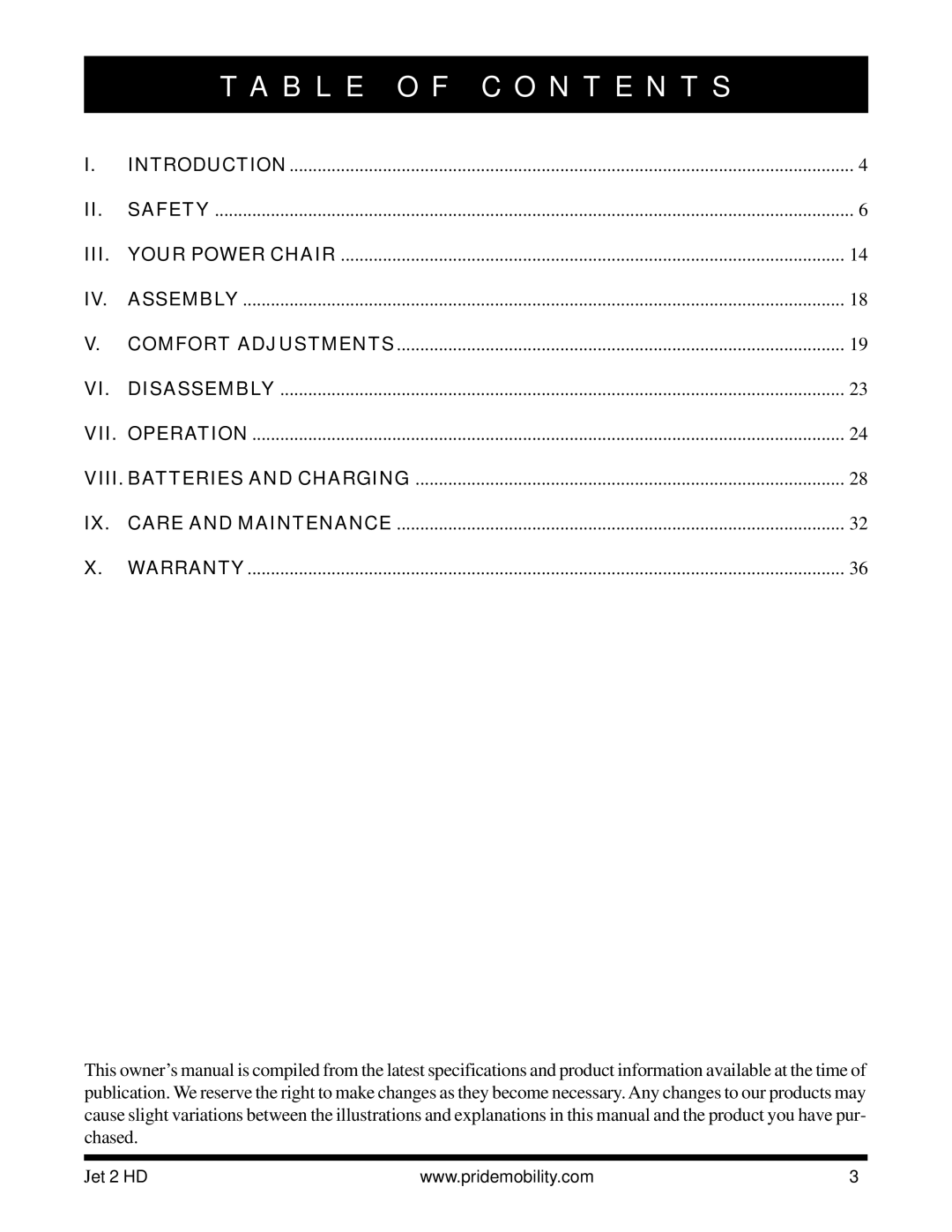 Pride Mobility Jet2HD owner manual B L E O F C O N T E N T S, Iii 