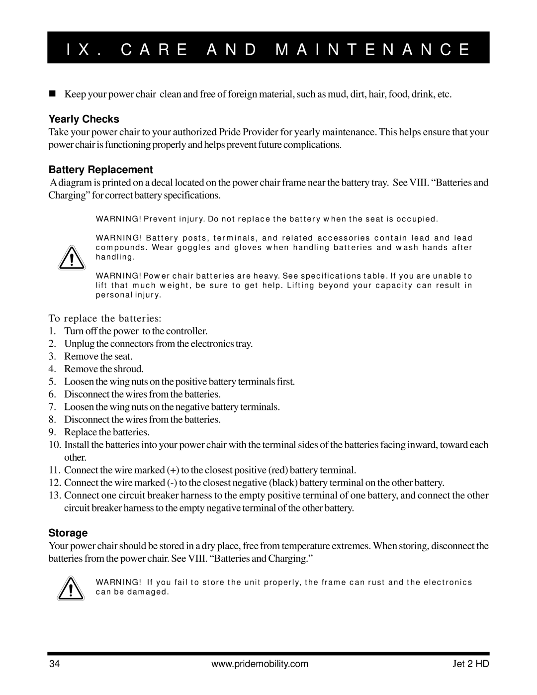 Pride Mobility Jet2HD owner manual Yearly Checks, Battery Replacement, To replace the batteries, Storage 