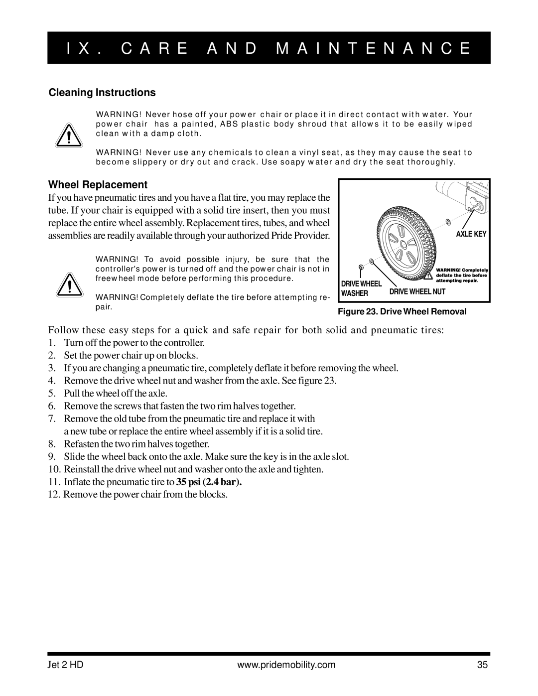 Pride Mobility Jet2HD owner manual Cleaning Instructions Wheel Replacement, Drive Wheel Removal 