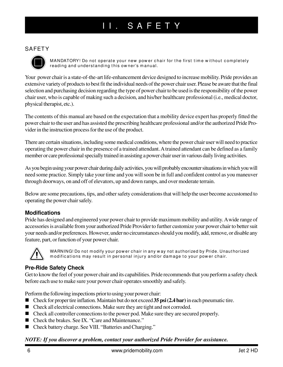 Pride Mobility Jet2HD owner manual S a F E T Y, Modifications, Pre-Ride Safety Check 